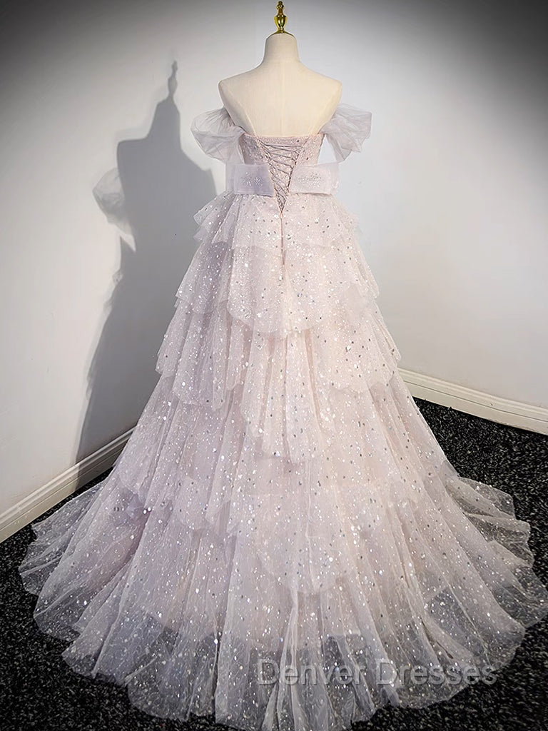 A-line Off Shoulder Tulle Sequin Light Pink Long Prom Dress,Sequin Long Evening Dress Secondary image