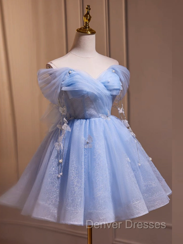 A-Line Off Shoulder Tulle Short Blue Prom Dress, Cute Blue Homecoming Dress Secondary image