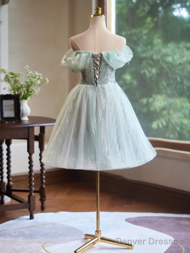 A-Line Off Shoulder Tulle Short Prom Dress, Green Homecoming Dress