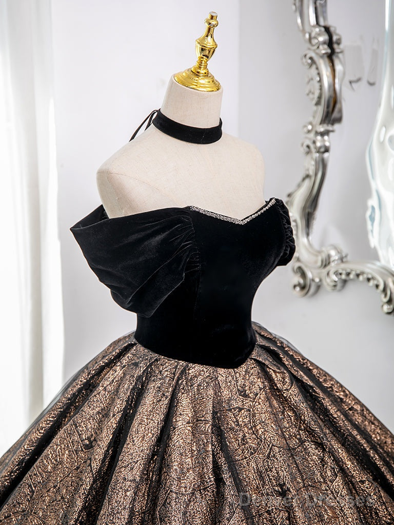 A-Line Off Shoulder Tulle Velvet Black Long Prom Dress, Black Long Formal Dress Secondary image