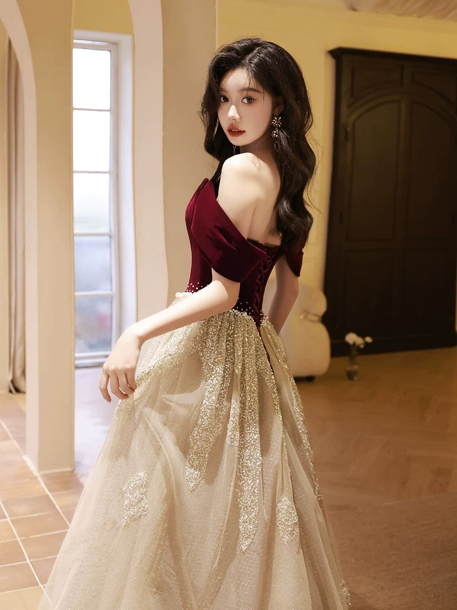 A-Line Off Shoulder Tulle Velvet Floor Length Champagne Prom Dress With Sequin Secondary image