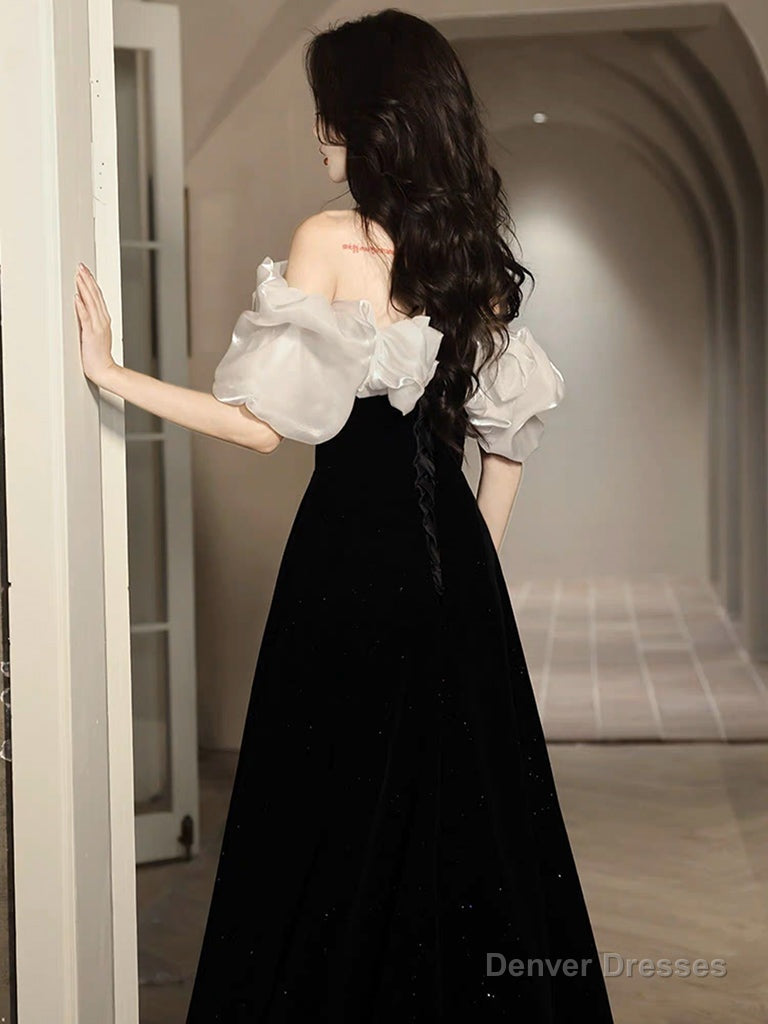 A-Line Off Shoulder Velvet Black Long Prom Dress, Black Long Evening Dress