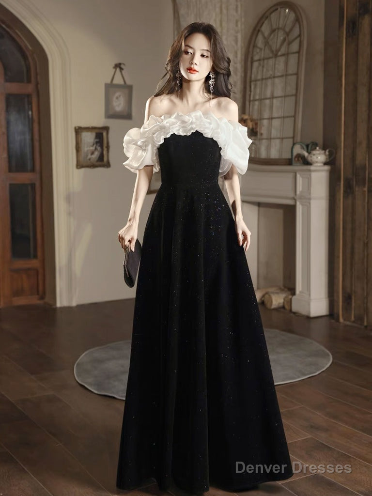 A-Line Off Shoulder Velvet Black Long Prom Dress, Black Long Evening Dress Main image