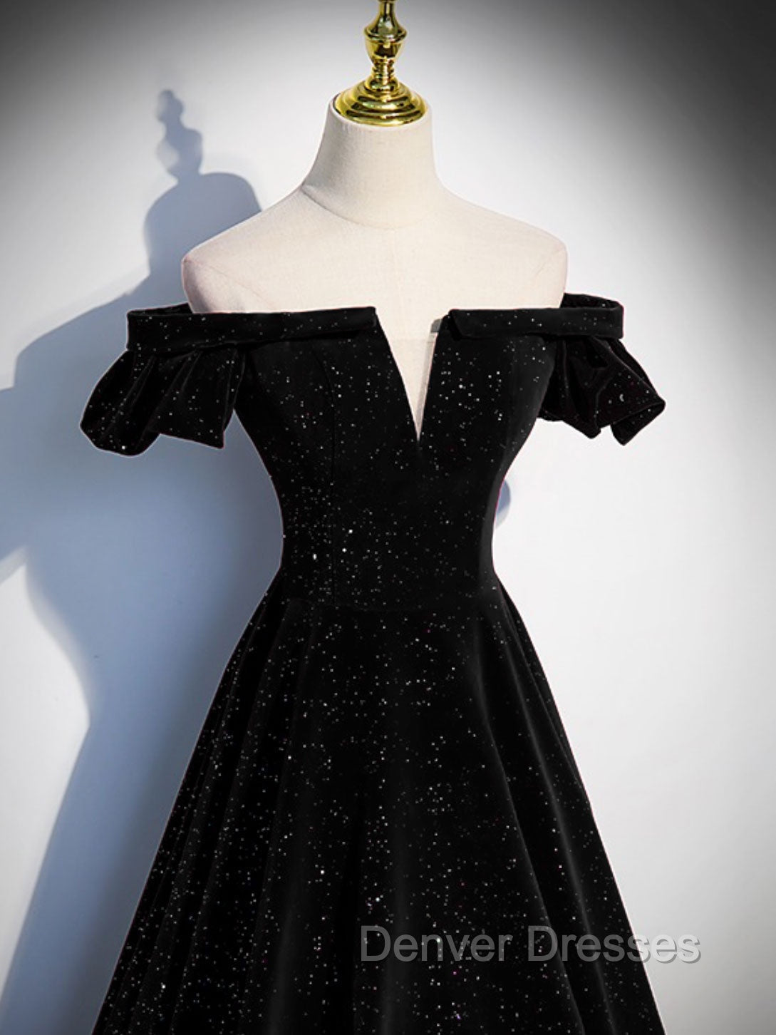 A-Line Off Shoulder Velvet Black Long Prom Dress, Black Formal Evening Dress