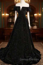 A-Line Off Shoulder Velvet Black Long Prom Dress, Black Formal Evening Dress