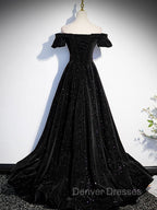 A-Line Off Shoulder Velvet Black Long Prom Dress, Black Formal Evening Dress