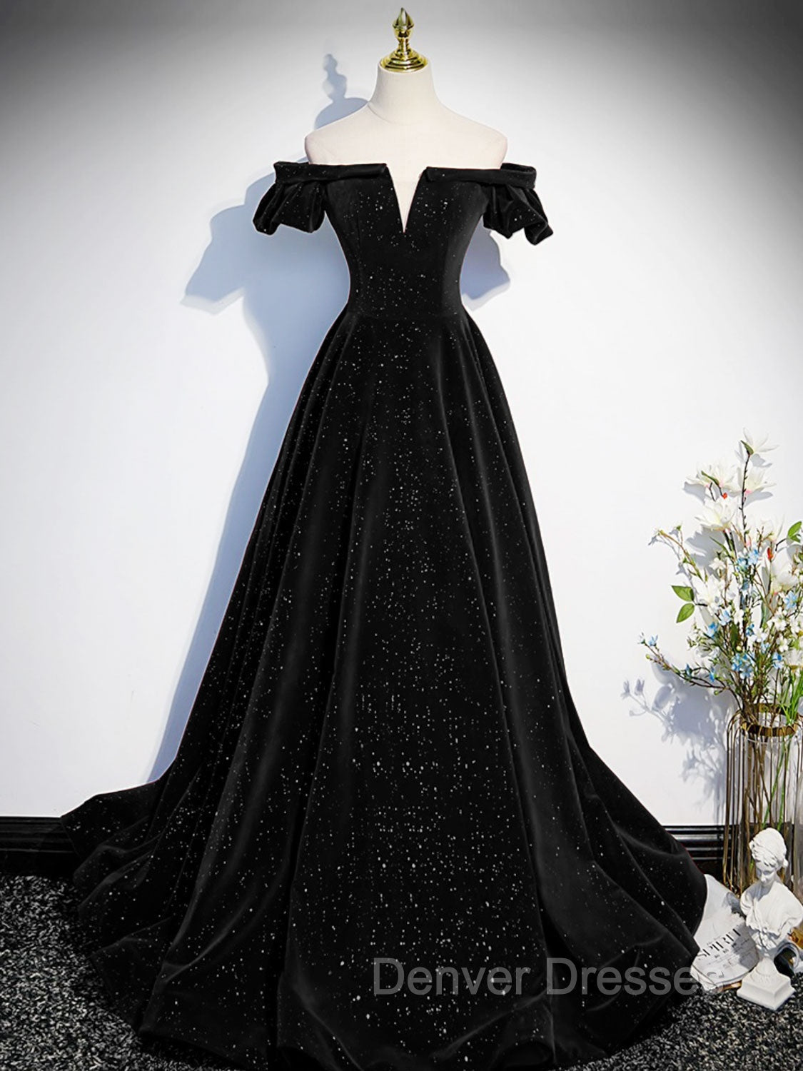 A-Line Off Shoulder Velvet Black Long Prom Dress, Black Formal Evening Dress Main image