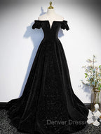 A-Line Off Shoulder Velvet Black Long Prom Dress, Black Formal Evening Dress