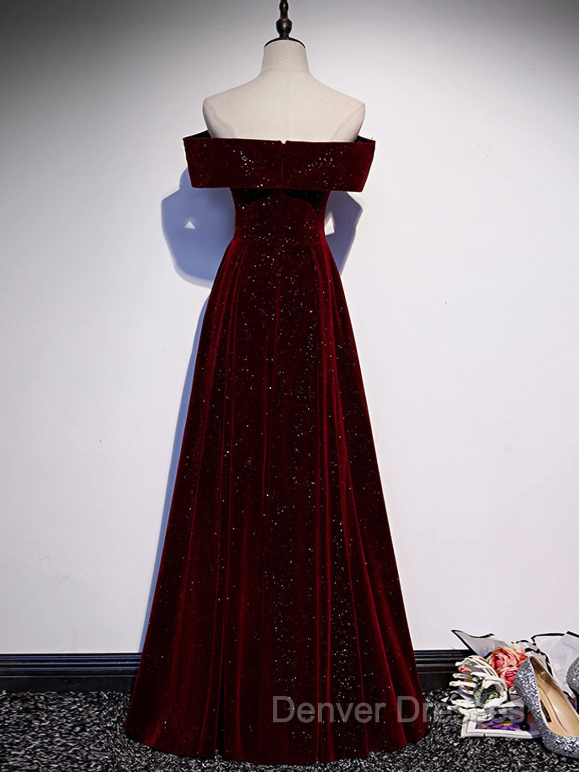 A-Line Off Shoulder Velvet Burgundy Long Prom Dress, Burgundy Long Formal Dress Secondary image