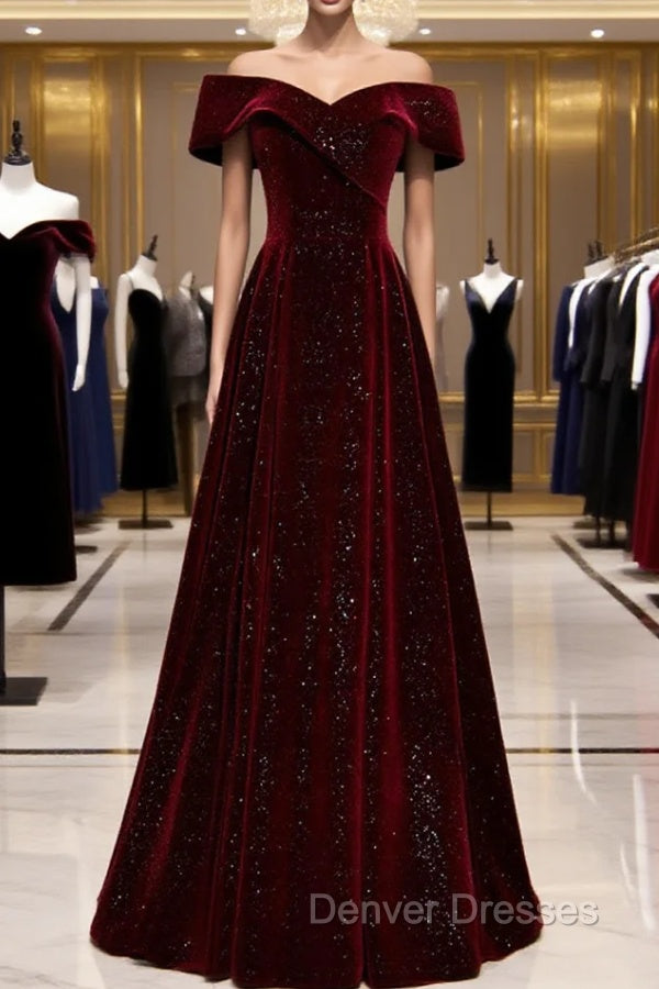 A-Line Off Shoulder Velvet Burgundy Long Prom Dress, Burgundy Long Formal Dress Main image