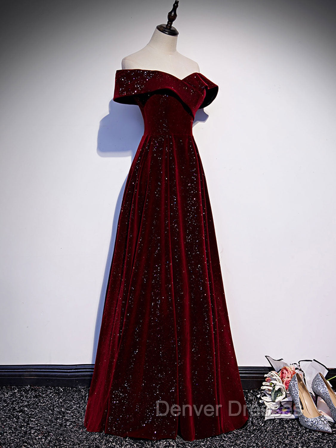 A-Line Off Shoulder Velvet Burgundy Long Prom Dress, Burgundy Long Formal Dress Secondary image