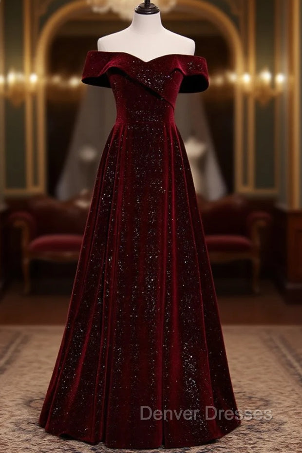 A-Line Off Shoulder Velvet Burgundy Long Prom Dress, Burgundy Long Formal Dress Main image