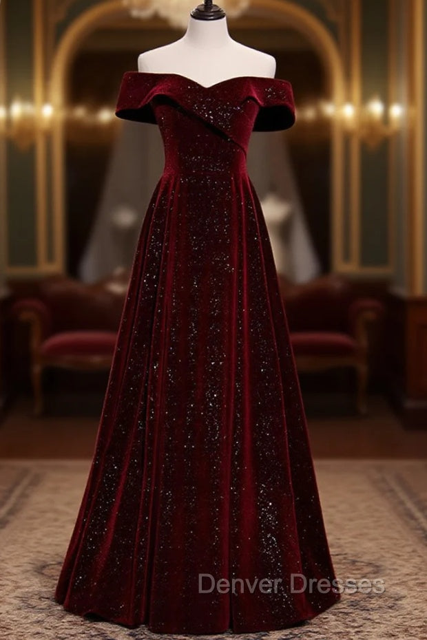 A-Line Off Shoulder Velvet Burgundy Long Prom Dress, Burgundy Long Formal Dress