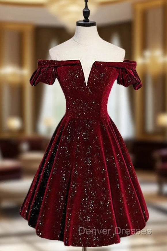 A-Line Off Shoulder Velvet Burgundy Short Prom Dress, Burgundy Homecoming Dress