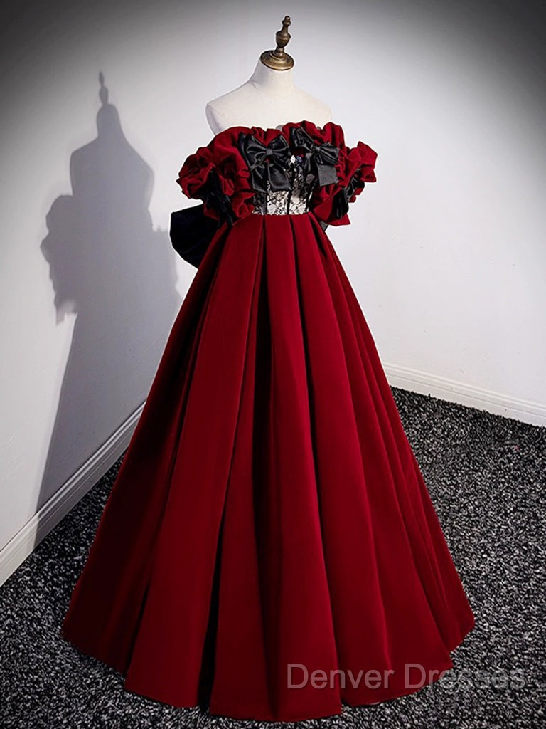 A-Line Off Shoulder Velvet Lace Burgundy Long Prom Dress, Burgundy Long Formal Dress Secondary image