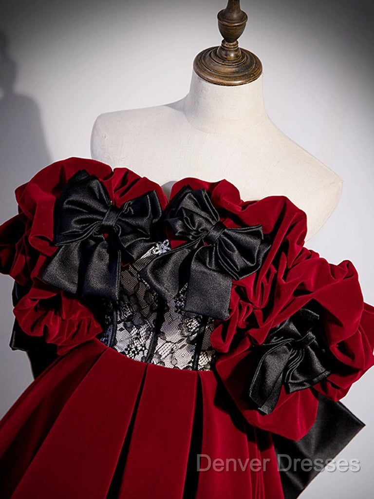 A-Line Off Shoulder Velvet Lace Burgundy Long Prom Dress, Burgundy Long Formal Dress
