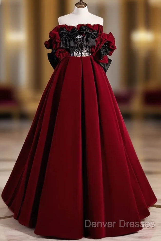 A-Line Off Shoulder Velvet Lace Burgundy Long Prom Dress, Burgundy Long Formal Dress Main image