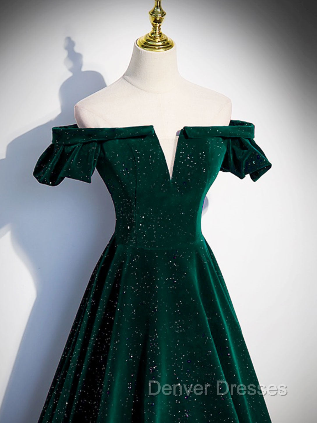 A-Line Off Shoulder Velvet Long Prom Dress, Green Velvet Graduation Dress Secondary image
