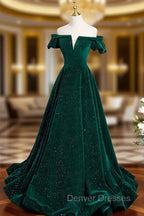 A-Line Off Shoulder Velvet Long Prom Dress, Green Velvet Graduation Dress