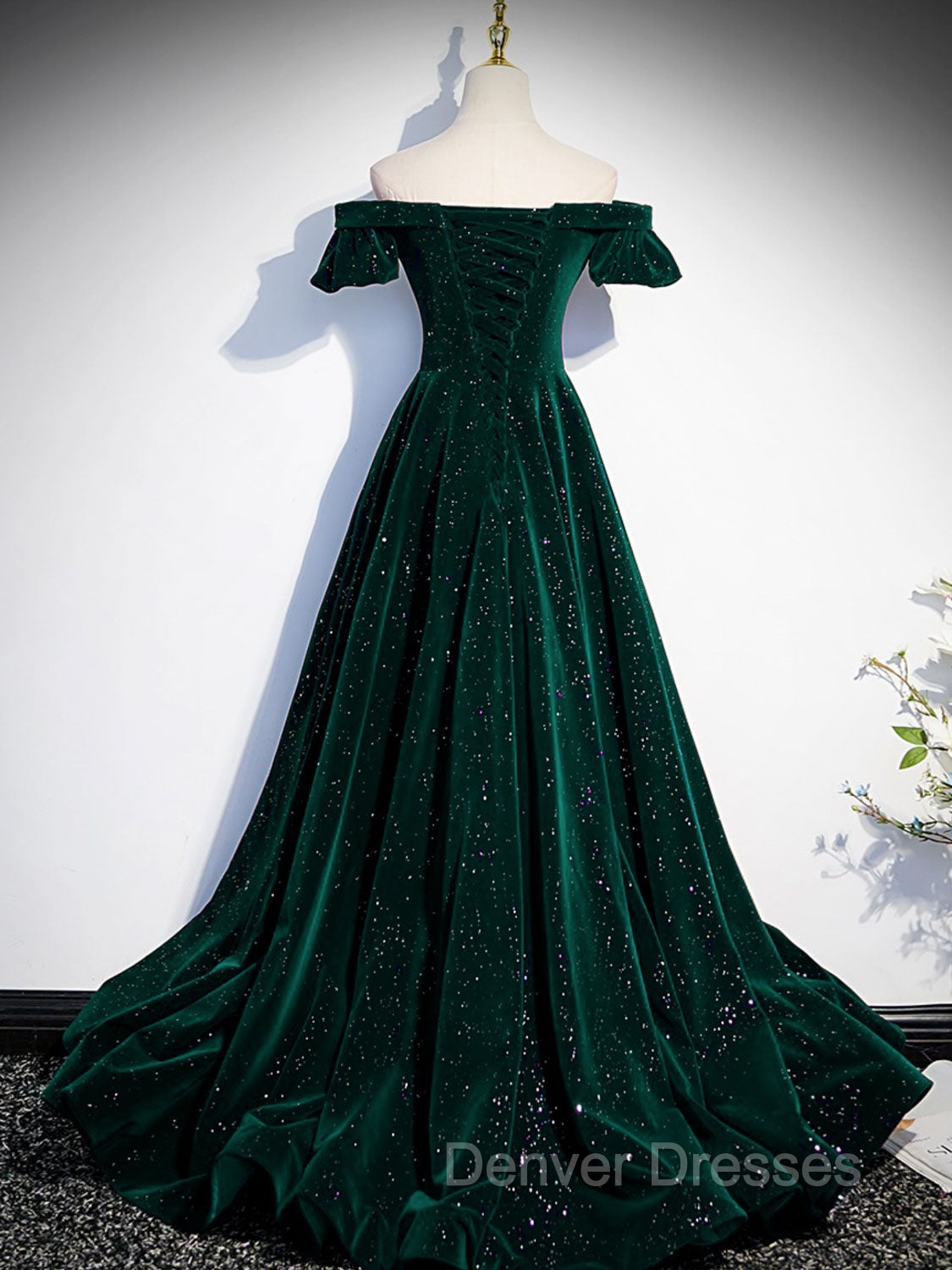 A-Line Off Shoulder Velvet Long Prom Dress, Green Velvet Graduation Dress