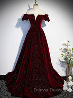 A-Line Off Shoulder Velvet Long Prom Dress, Green Velvet Graduation Dress