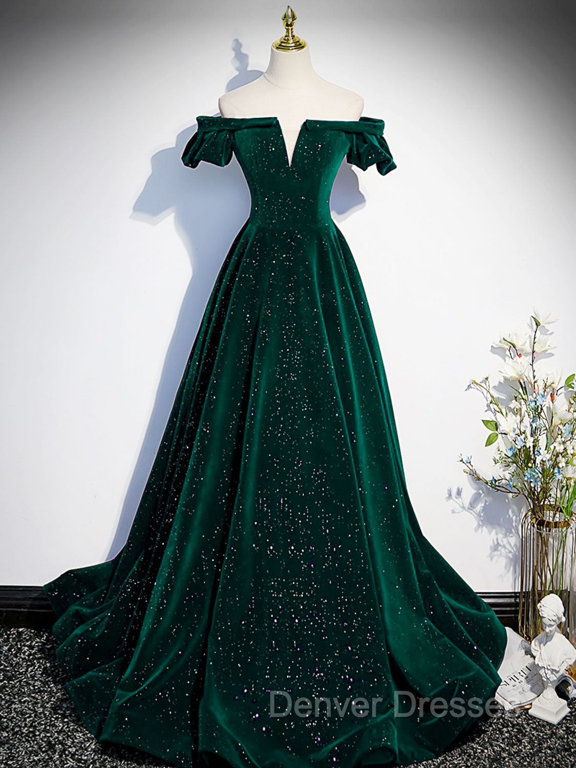 A-Line Off Shoulder Velvet Long Prom Dress, Green Velvet Graduation Dress