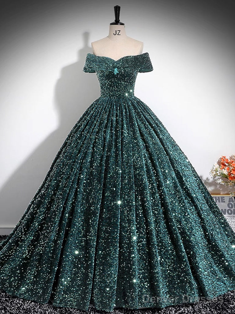 A-Line Off Shoulder Velvet Sequin Green Long Prom Dress, Green Long Formal Dress Main image