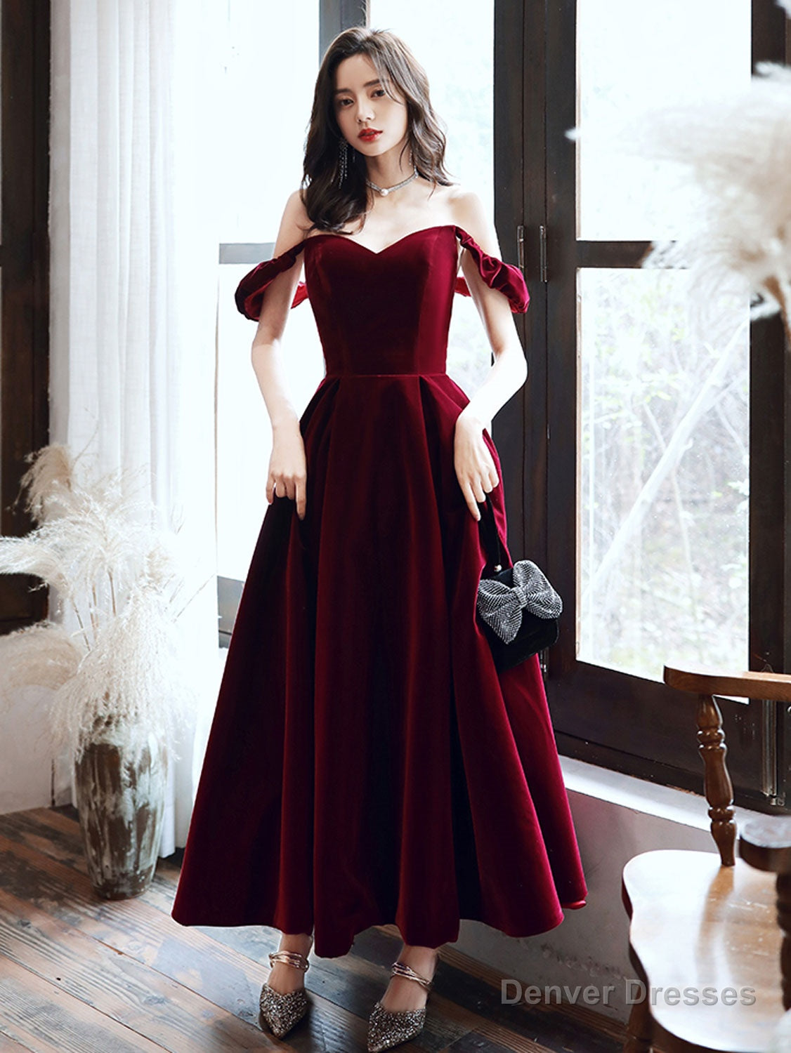 A-Line off Shoulder Velvet Tea Length Burgundy Prom Dress, Burgundy Evening Dress Secondary image
