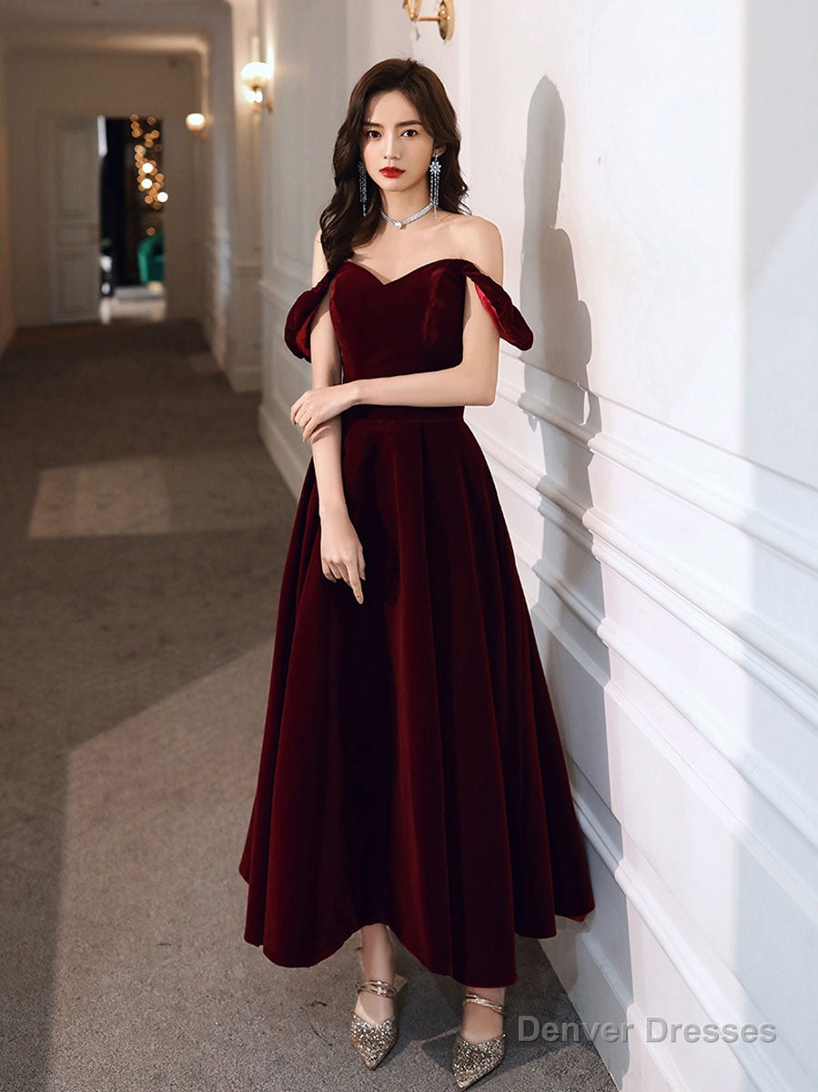 A-Line off Shoulder Velvet Tea Length Burgundy Prom Dress, Burgundy Evening Dress