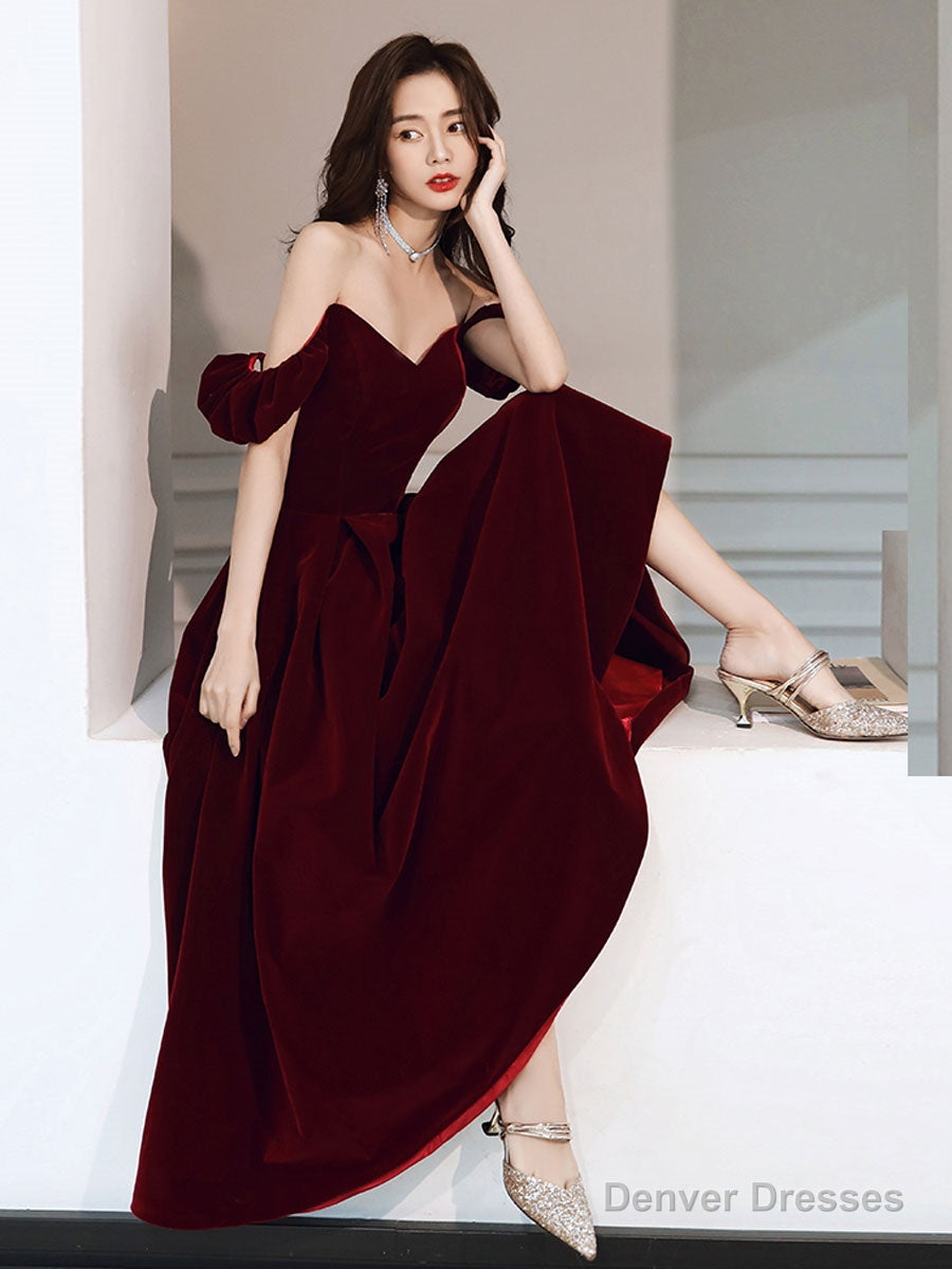 A-Line off Shoulder Velvet Tea Length Burgundy Prom Dress, Burgundy Evening Dress Main image