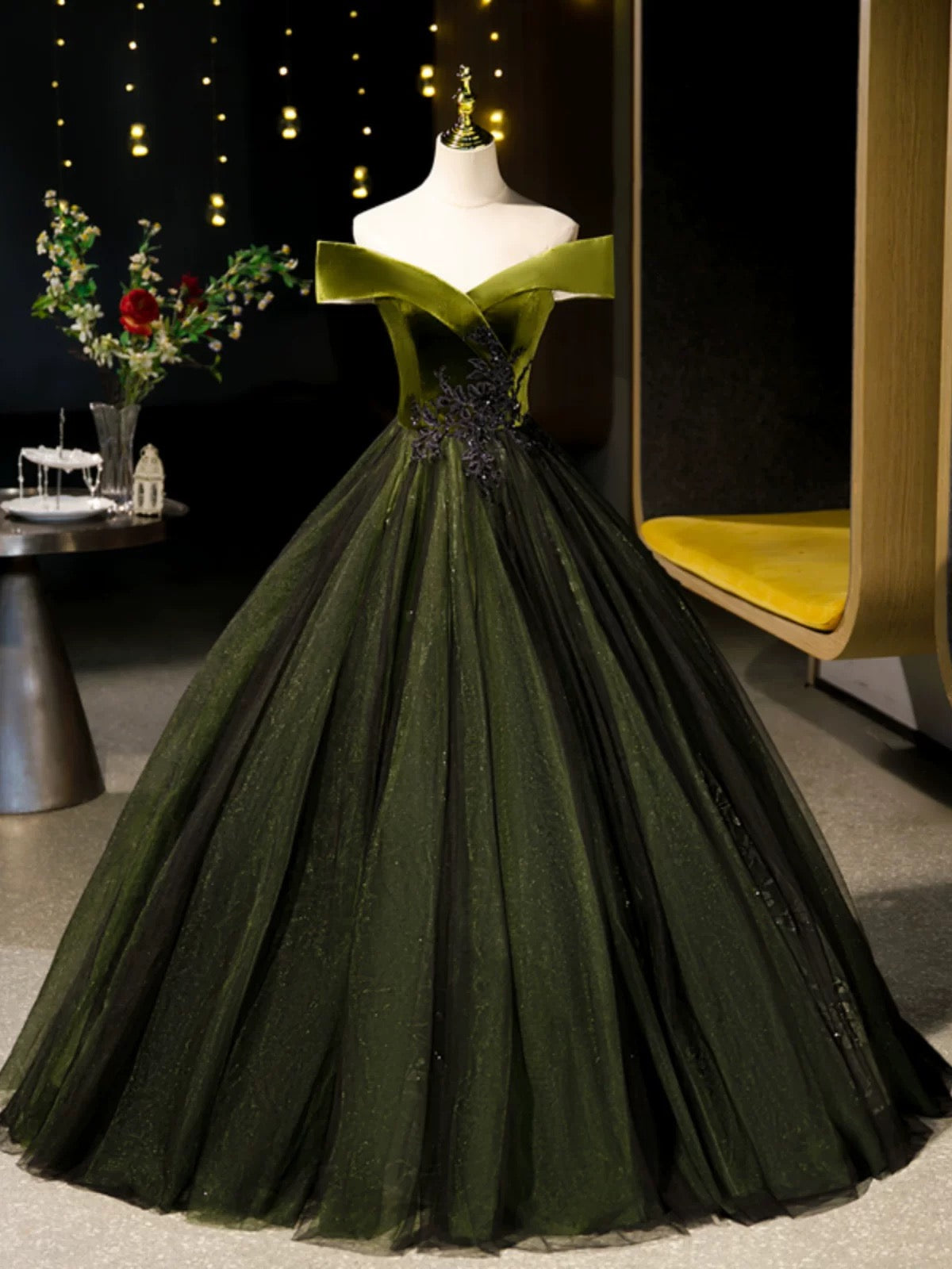 A-Line Off Shoulder Velvet Tulle Green Long Prom Dress, Green Long Formal Dress Main image