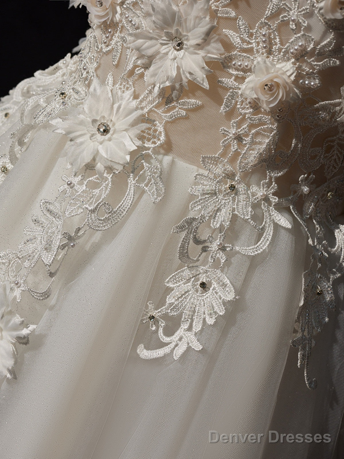 A-Line Off Shoulder White Flowers And Tulle Party Dress, White Long Formal Dress Prom Dress