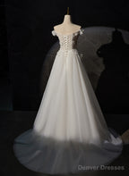 A-Line Off Shoulder White Flowers And Tulle Party Dress, White Long Formal Dress Prom Dress