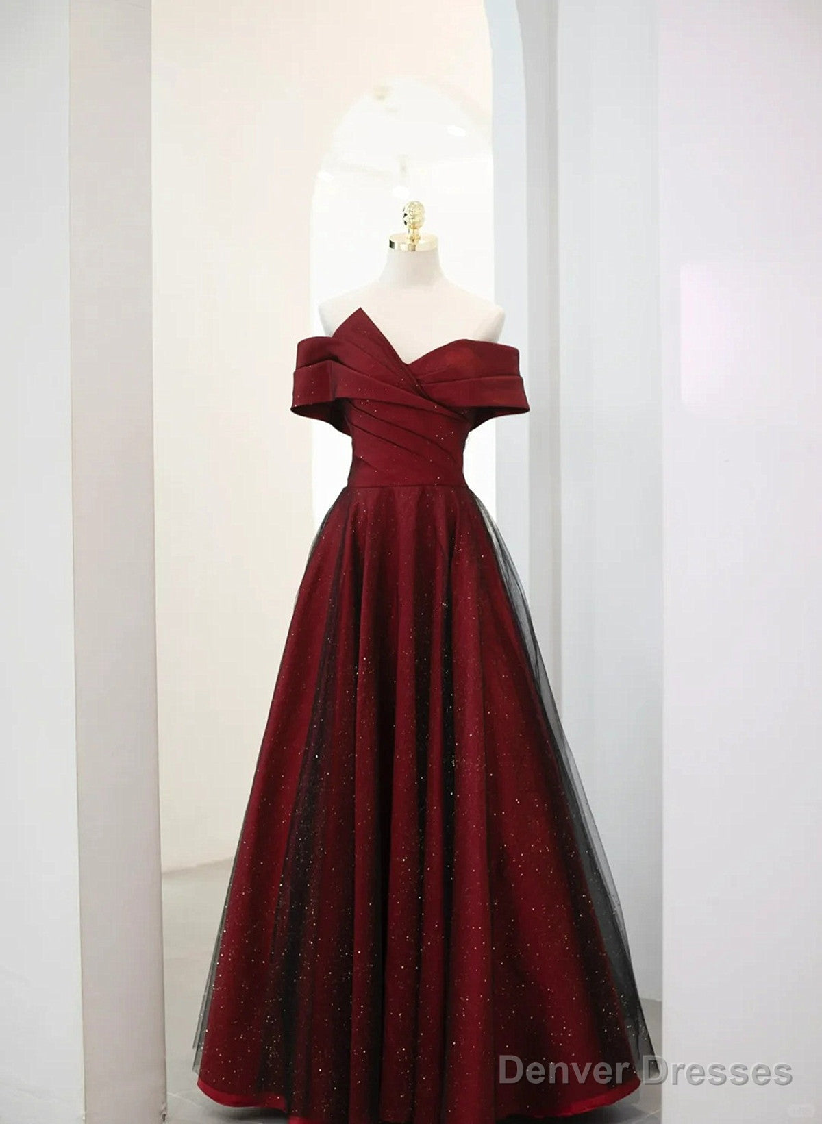 A-Line Off Shoulder Wine Red Tulle Long Party Dress, Wine Red And Black Prom Dress Main image