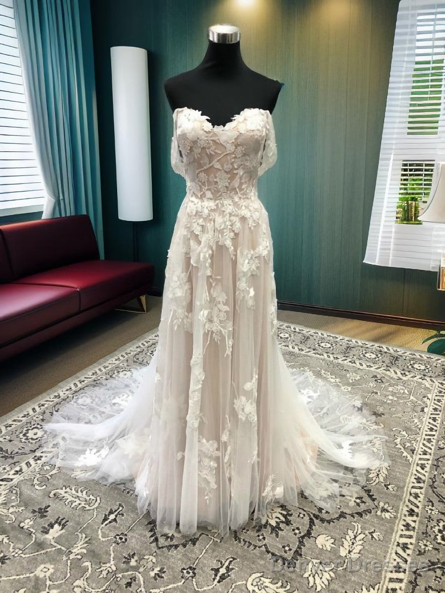 A-Line Off-The-Shoulder Appliques Lace Court Train Tulle Wedding Dress Main image