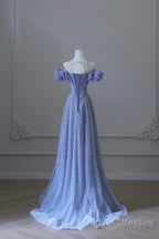 A Line Off The Shoulder Blue Long Prom Dress Evening Dress