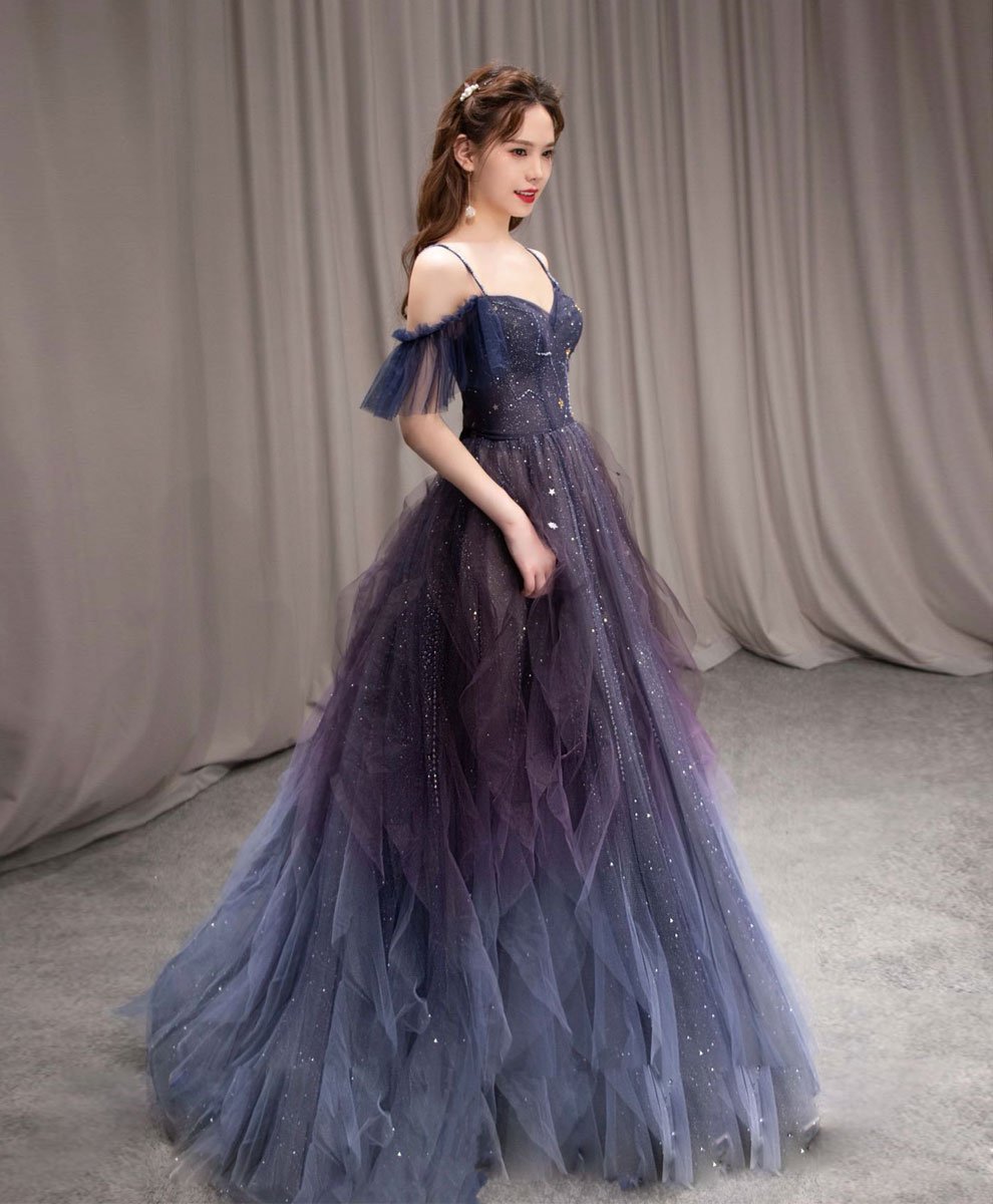 A Line Off The Shoulder Blue Purple Gradient Color Tulle Prom Dress, Tulle Formal Dress Secondary image