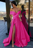 A-line Off-the-Shoulder Cap Straps Sweep Train Satin Prom Dresses With Pleated Split