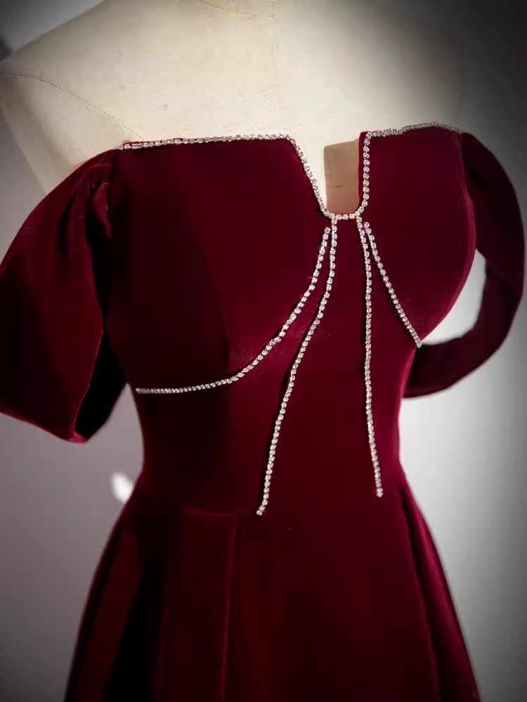 A line Off The Shoulder Evening Party Dress Velvet Prom Dress