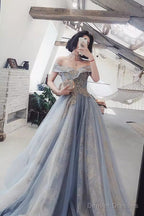 A Line Off The Shoulder Gray Prom Dresses Long Evening Dress