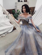 A Line Off The Shoulder Gray Prom Dresses Long Evening Dress