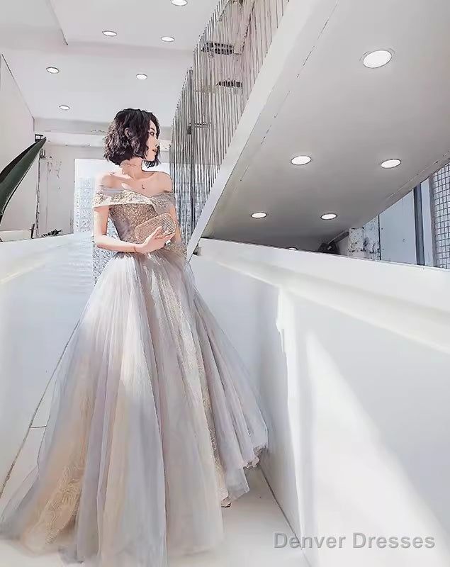 A Line Off The Shoulder Gray Prom Dresses Long Evening Dress Main image