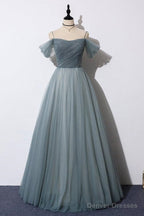 A-Line Off The Shoulder Grey Tulle Prom Dress Evening Dress