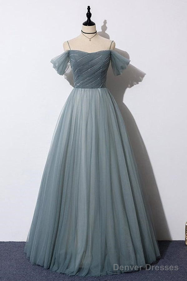 A-Line Off The Shoulder Grey Tulle Prom Dress Evening Dress