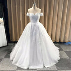 A Line Off The Shoulder Lace Applique Wedding Dresses Beaded