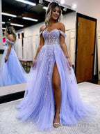 A Line Off the Shoulder Lace Tulle Prom Dress With Slit