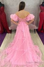 A Line Off the Shoulder Light Blue Tulle Corset Prom Dress with Bowknot