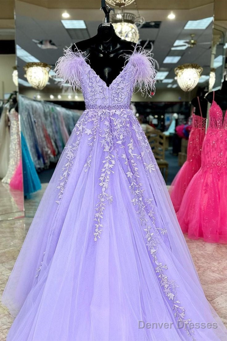A-Line Off-The-Shoulder Lilac Lace Prom Dresses Appliques Feathers Secondary image