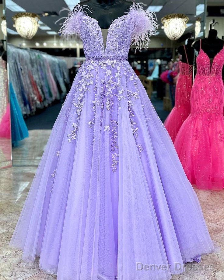 A-Line Off-The-Shoulder Lilac Lace Prom Dresses Appliques Feathers Main image