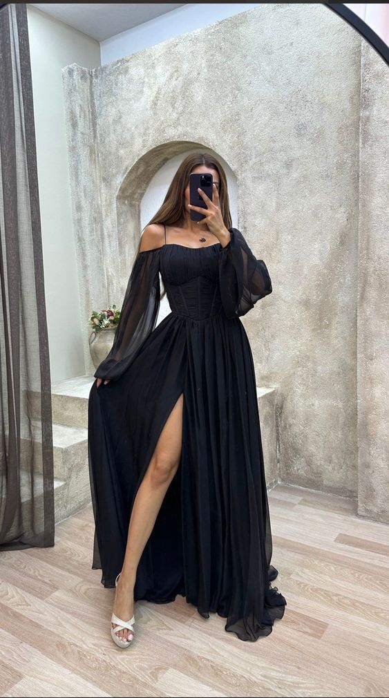 A Line Off The Shoulder Long Black Slit Prom Dress 21Th Birthday Outfits Main image